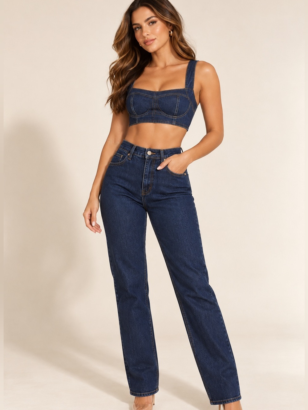 Fashion Nova Dark Wash Denim Crop Top & Straight Leg Jeans Set